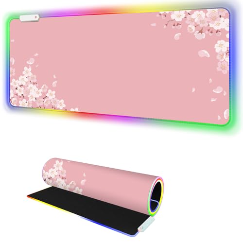 Japanese Sakura RGB Mouse Pad for Gaming I Large Mousepad with 14 Led Modes I Keyboard Pad Gaming Desk Mat I Non-Slip Rubber Base Mouse Mat I 900x400x4mm Waterproof Mousepad I Pink Cherry Blossom - color: Pink Cherry Blossom