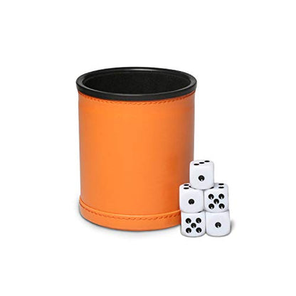 Felt Lined Dice Cup Set Orange PU Leather Dice Rolling Cup with 5 Standard Dot Dices Quiet Shaker for Farkle Yahtzee Bar Party Family Games Play - color: Orange