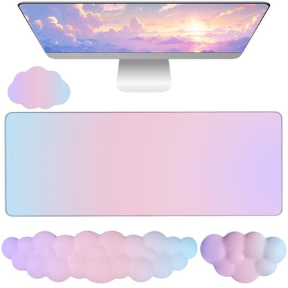 Cloud Mouse Pad Keyboard Wrist Rest 4PCS Extended Large Pink Sky Desk Mat Pad Set Memory Foam Non-Slip Cute Ergonomic Gaming Mouse Pad Wrist Support for Computer Laptop Home Office Pink Purple - color: 4pcs Pink Purple