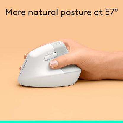 Logitech Lift Vertical Ergonomic Wireless Mouse - Off White | Connect via Bluetooth or included Logi Bolt USB-A receiver, quiet clicks, 4 of 6 buttons customizable, Windows Mac compatible - color: Off White, style: Right-Handed