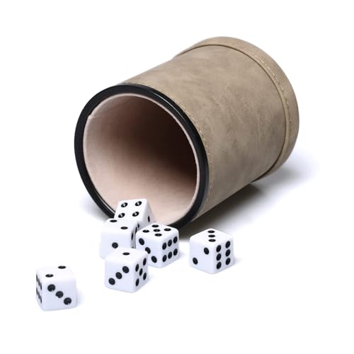 Brown Suede Faux Leather Dice Cup Set, Felt Lined PU Leather Dice Shaker with 6 Dice for Liars Farkle Yahtzee Game - color: Suede Brown