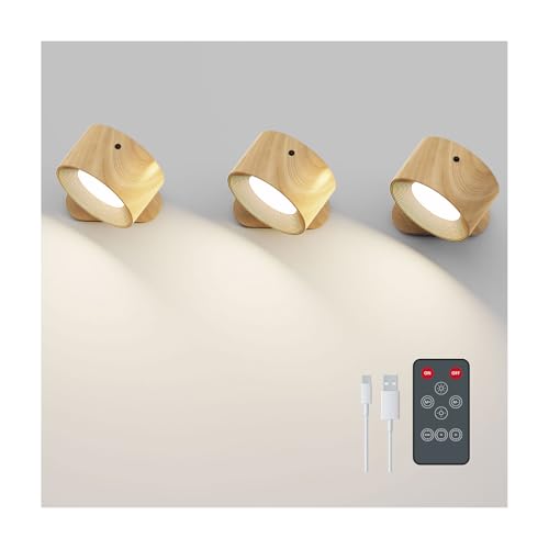 Koopala 3PACK Rechargeable LED Wall Sconce, Cordless Battery with Remote Powered Wall Sconce, 3 Brightness Levels, 360° Swivel Magnetic Shade for Reading Bedside, Wood Grain Color. - color: Wood-C