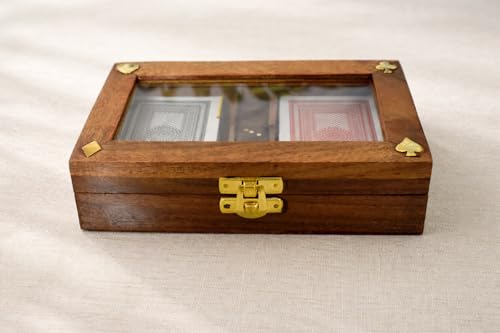 Playing Cards Set of 2 in Handmade Wooden Storage Box Case Holder with 5 Dice in Antique Design Anniversary Birthday Gifts "Made in India" (Design 1) - color: Design 1
