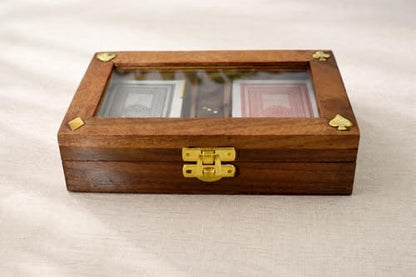 Playing Cards Set of 2 in Handmade Wooden Storage Box Case Holder with 5 Dice in Antique Design Anniversary Birthday Gifts "Made in India" (Design 1) - color: Design 1