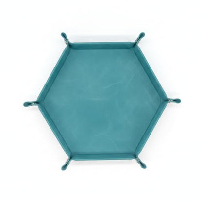 Hexagonal Folding Dice Tray in Green PU Leather with Flannel Lining for Tabletop RPGs and Board Games