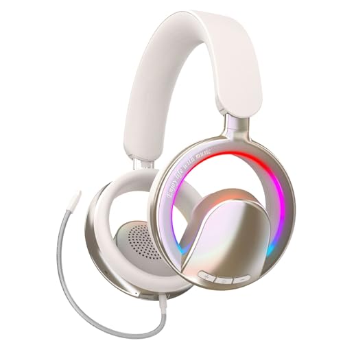 Xmenha Open Ear Open-Back Headphones Wireless Bluetooth Gaming Headset with Removable Mic for PC Switch Xbox One PS4 PS5, 3.5mm Wired Breathable Lightweight Over Ear Headphones Adjustable RGB Light - color: Beige