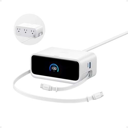 Anker Nano Charging Station, 100W 7-in-1 Power Strip, Retractable Charger | 2.3ft InstaCord Cable, Gaming Desk Accessories for Multiple Devices, 3 AC, 3 USB C, 1 USB A, MacBook Charger, Home Office - color: White