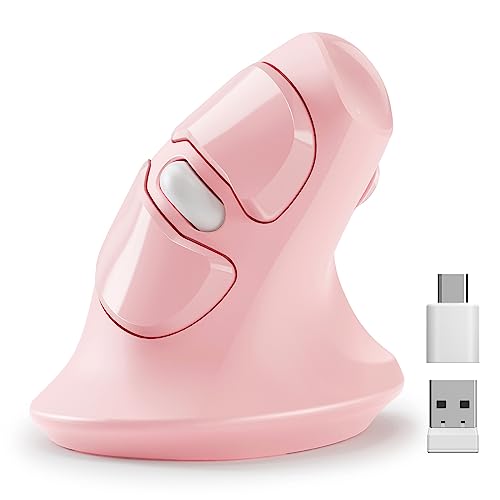 MicroPack Ergonomic Vertical Wireless Mouse, Silent Cordless Office Mouse with USB-A & Type-C Receiver, 800/1200/1600 DPI, 6 Buttons, Reduces Wrist Strain for Work, Windows, Mac, PC & Laptop Pink - color: Pink & Type-C Receiver