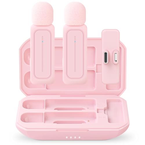 Ecomxia 2 Pack Wireless Lavalier Microphone for iPhone iPad Android with Charging Case - 7H Clip on Lapel Microphone Wireless for Video Recording Vlogging, YouTube, Interview, 3 Mode Denoise (Pink) - color: Pink
