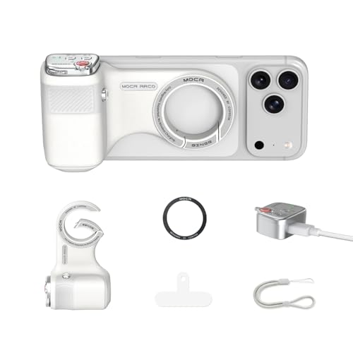 Upgraded Mag-Safe Magnetic Camera Handle Grip with Extended Magnetic Phone Mount with Carabiner & Thumb Rest, Detachable Rechargeable Shutter Remote Compatible with iPhone Pro Max for Video Calls/TK - color: White, size: ARCO Biner
