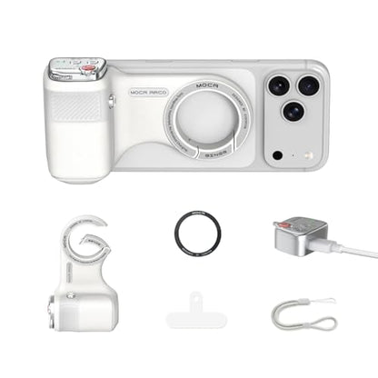 Upgraded Mag-Safe Magnetic Camera Handle Grip with Extended Magnetic Phone Mount with Carabiner & Thumb Rest, Detachable Rechargeable Shutter Remote Compatible with iPhone Pro Max for Video Calls/TK - color: White, size: ARCO Biner