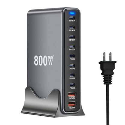 800W USB C Fast Charger Block, 10 Ports GaN III USB Chagring Station, Dual 140W PD PPS HUB for Multiple Devices, Laptop Adapter Compatible with MacBook Pro/Air iPad iPhone Pro Max, Galaxy, Dell, HP - size: 800W-8C2A