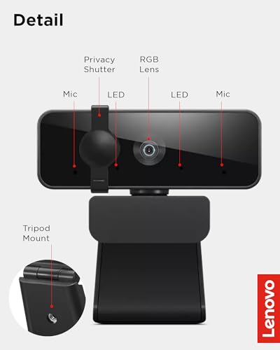 Lenovo Essential Full HD 1080P Webcam, Dual Microphone, No Driver 1.8m USB 2.0, Wide-Angle, Tilt-Control, 360-Degree Rotation, Black - style: 1080P