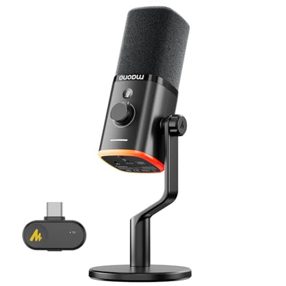 MAONO PD100W Wireless USB Dynamic Microphone, Gaming PC Mic with One-Click Noise Reduction,Mute Button,Custom RGB,3.5mm Headphone Jack,Software, Podcast Streaming Mic (Desktop(USB-C Receiver), Black) - color: Black