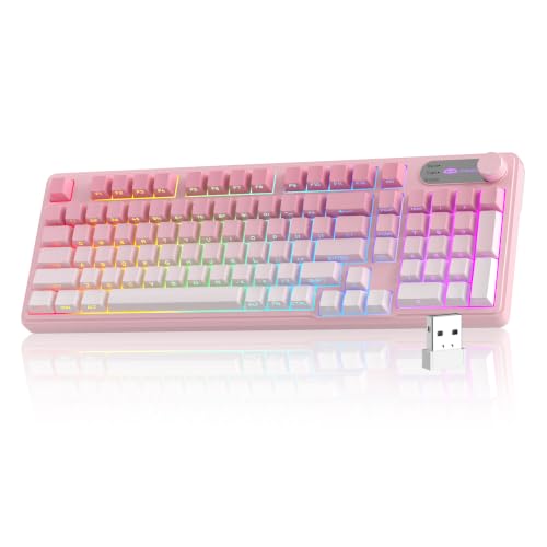 MageGee GK960 Wireless Keyboard, 98 Keys Tri-Mode BT/2.4G/Wired Membrane Gaming Keyboard, RGB Creamy Keyboard with Number Pad, Knob Control, Side Printed Keycaps, 4000mAh Battery - Pink & White - color: Pink & White