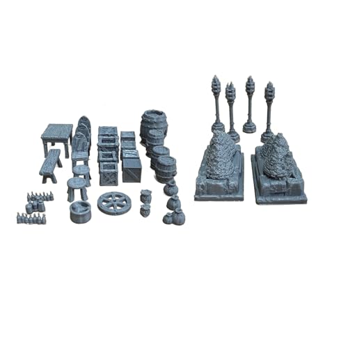 Guardia Cottage Scatter Pack 28mm | Village scatter terrain with furniture, barrels, crates, bushes, and accessories for tabletop RPGs and fantasy settlements.