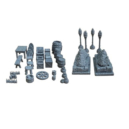 Guardia Cottage Scatter Pack 28mm | Village scatter terrain with furniture, barrels, crates, bushes, and accessories for tabletop RPGs and fantasy settlements.