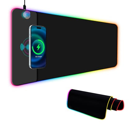 RGB Gaming Mouse Pad with Wireless Charging 15W, 14 Lights Touch Button LED Mouse Mat Extra Large Mousepad Non-Slip Rubber Base Waterproof Computer Keyboard Mat for Gaming, PC, Laptop, 800x300x4MM