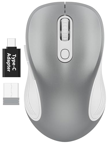 WisFox 2.4GHz Wireless Mouse for Laptop, Ergonomic 6-Button, Silver | 2.4GHz Wireless, 3 DPI Levels, Type-C Adapter, Plug & Play, Quiet, Wireless Mice for Windows Mac PC Computer Mouse - color: Silver