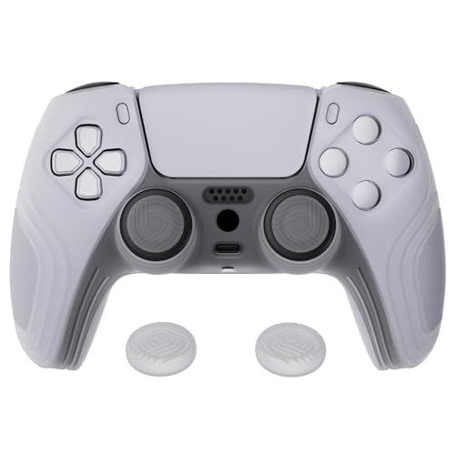 eXtremeRate PlayVital Samurai Edition Clear White Anti-Slip Controller Silicone Skin for ps5, Ergonomic Soft Rubber Protective Case for ps5 Controller with Clear White Thumb Stick Caps - color: Clear White