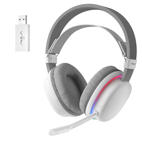 AULA G7 Wireless Gaming Headset with Detachable Noise Canceling Mic, 40mm Driver, BT5.3 Gaming Headphones with RGB Light, 10ms Latency,60Hr Battery,PC Gaming Headset for PS5,PS4,PC,Wired Mode for Xbox - color: White, size: G7