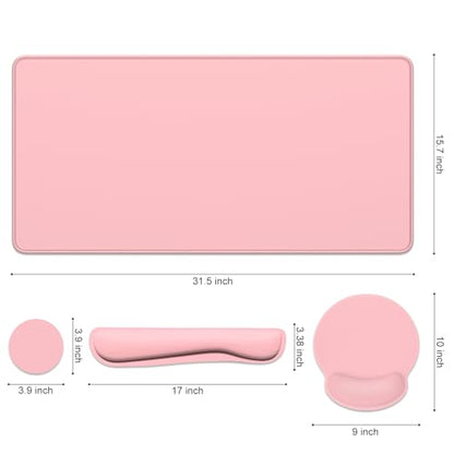 Dapesuom Large Gaming Mouse Pad, Pink Mouse Pads with Wrist Rest Wrist Support, 4in1 Big XXL Desk Mat Desk Pad + Ergonomic Mousepad + Memory Foam Keyboard Mat Wrist Rest + Coaster Set for Computer - color: Pink