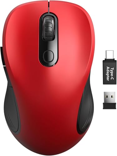 Trueque Wireless Mouse for Laptop, Ergonomic 6-Button Mouse, Red | 2.4GHz USB receiver, back/forward buttons, 3 adjustable DPI levels, silent clicks, USB-C adapter, Windows/Mac/Chrome OS/Linux - color: Red, size: 1 Pack