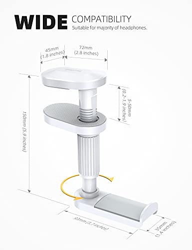 Lamicall Headphone Stand, Headset Holder - [2025 Upgarded] 360° Rotating Headphone Hanger, Earphone Holder Hook Mount Clamp Under Desk for Airpods Max, Sennheiser, More, White