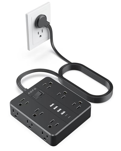 10FT Surge Protector Power Strip,12 AC Outlets with 6 USB Ports (2 USB-C), Flat Plug Extension Cord with Multiple Outlets, Wall Mount for Home Office,Dorm,Black - color: Black, size: 10FT