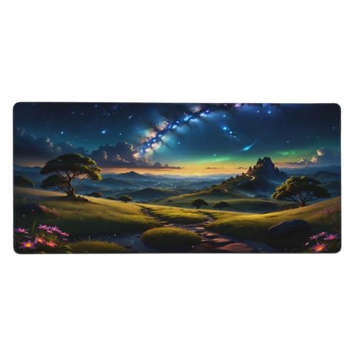XXL Gaming Mouse Pad 35.4x15.7 inch, Starry Mountain Path Landscape Theme Desk Mat,Large Green Meadow Flower Scene Mousepad (Green Meadow) - color: Green meadow