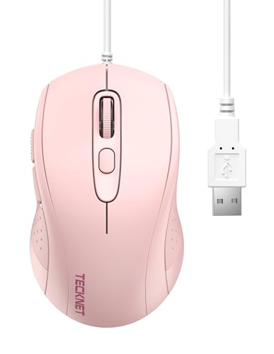 TECKNET USB Wired Mouse, 3600DPI Corded Computer Mouse with 4 Adjustable Levels, 6-Button 5FT Cord Ergonomic Mice, Home and Office Mouse for Laptop PC Desktop Notebook - Pink - color: pink