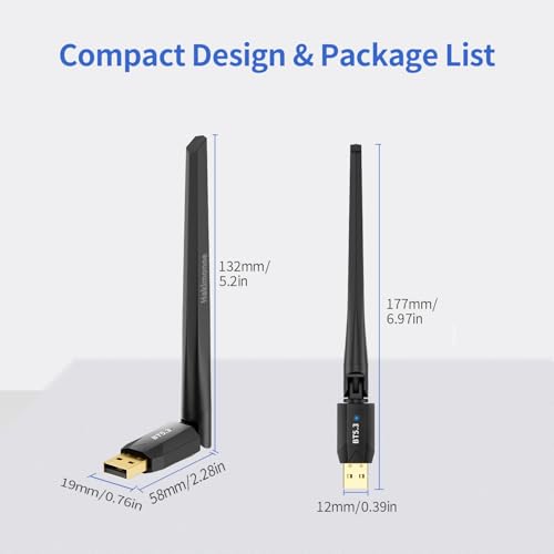 Long Range USB Bluetooth 5.3 Adapter for PC, Wireless Dongle Enhanced Antenna for Laptop Desktop Computer Windows 11 10 8.1 7, Linux, Pair n Play Headphones Speaker Mice Keyboard Controller - style: BT5.3-150M Long Range-BU03