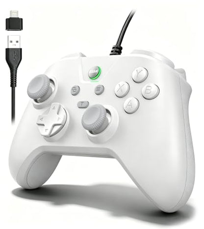 Wired Controller for Android/Tablet/Windows PC/Switch/PS4/PS3, 1000Hz Polling Rate Plug and Play Gaming Gamepad Joystick with USB C Adapter, Dual Motors, Turbo, 6.56ft Cable,Ultra-Low Latency -White - color: White