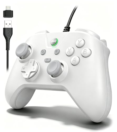 Wired Controller for Android/Tablet/Windows PC/Switch/PS4/PS3, 1000Hz Polling Rate Plug and Play Gaming Gamepad Joystick with USB C Adapter, Dual Motors, Turbo, 6.56ft Cable,Ultra-Low Latency -White - color: White