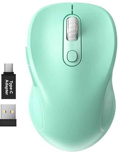 WisFox 2.4GHz Wireless Mouse for Laptop, Ergonomic 6-Button, Mint Green | 2.4GHz Wireless, 3 DPI Levels, Type-C Adapter, Plug & Play, Quiet, Wireless Mice for Windows Mac PC Computer Mouse - color: Mint Green