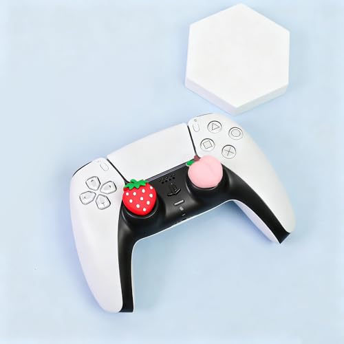 PERFECTSIGHT Cute Peach Strawberry Thumb Grip Caps for Switch 2, PS5, PS4, Xbox Series X/S, Xbox One, Switch PRO Controller, 4PCS Kawaii Soft Rubber 3D Analog Thumbsticks Grips Joystick Cover - color: Peach+Strawberry