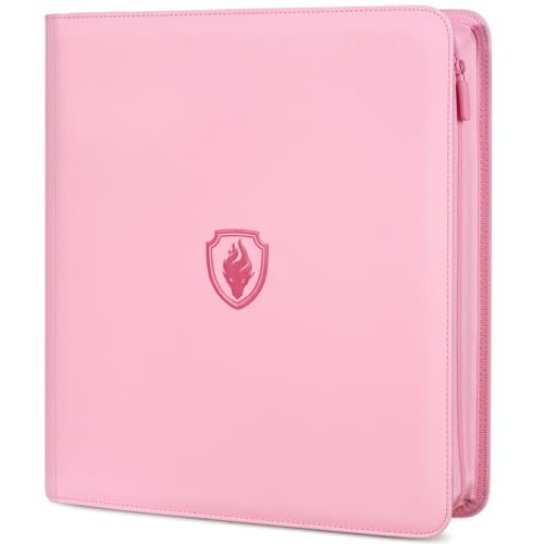 Premium Zip Card Binder 12 Pocket, Fabmaker 912 Pockets Trading Card Binder, PU Zipper Card Collection Album, Sturdy Side-Loading Card Book Holder for Game & Sports Cards, Pink - color: Pink, size: 12 Pocket - 15" x 13.6"