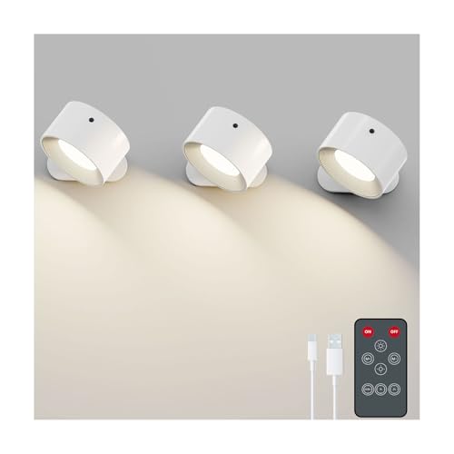 Koopala 3PACK Rechargeable LED Wall Sconce, Cordless Battery with Remote, Powered Wall Sconce, 3 Brightness Levels, 360° Swivel Magnetic Shade for Bedrooms, Hallways, Den and Reading Spaces（White） - color: White-C