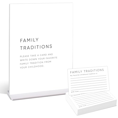 Family Traditions Baby Shower Games,Baby Shower Decorations,Baby Shower Signs,Gender Reveal Decorations,Baby Shower Bingo,1 Acrylic Sign with Stand and 50 Party Cards Set - color: white-G08, size: Family Traditions-6X8