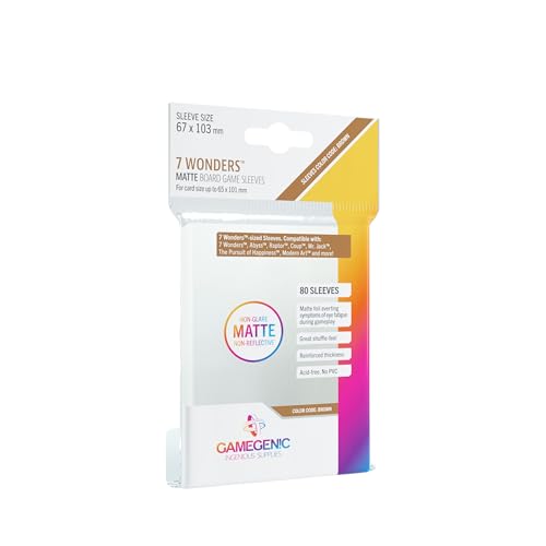 Matte Board Game Sleeves | Pack of 80 Matte Sleeves | 67 by 103 mm Card Sleeves Optimized for Use with 7 Wonders | Premium Card Protection | FFG Brown Color Code | Made by Gamegenic