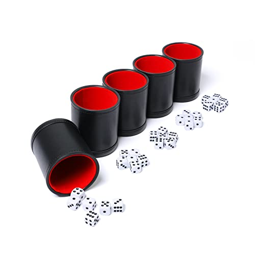 Leatherette Dice Cup Set Red Felt Lined Shaker with 6 Dot Dices for Yahtzee Farkle Bar Party Dice Games-5 Pack - color: Red