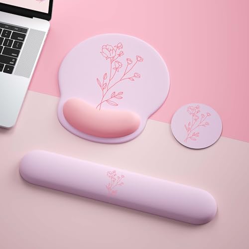 Mouse Pad with Keyboard Wrist Rest,Ergonomic Mouse Pad Wrist Support PU Base with Coaster,Mousepad with Nonslip Base for Computer Laptop Keyboard Home&Office - color: J-Pink Plants