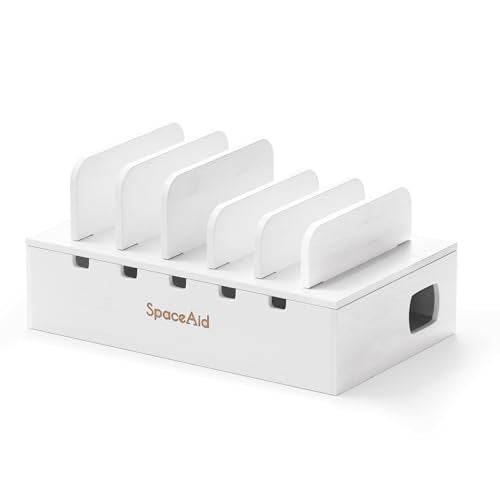 SpaceAid Bamboo Charging Station for Multiple Devices, Cell Phone Docking Stations for Multi Laptop, Tablets and iPads, Nightstand Bedside Desk Device Charger Organizer (White) - color: White