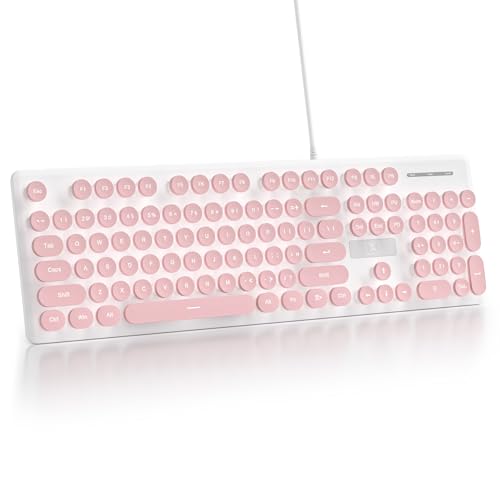 surmen Cute Quiet Keyboard Pink Wired Typewriter Keyboard, Light Up Backlit PC Keyboards with Retro Round Keys Full Size 104 Keys for Office Computer (Pink) - color: Pink