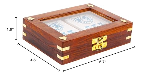 Handmade Wooden Playing Card Storage Box for 2 Decks, Sheesham Wood Card Holder Case with Clear Top Display and Brass Latch (Cards Not Included)