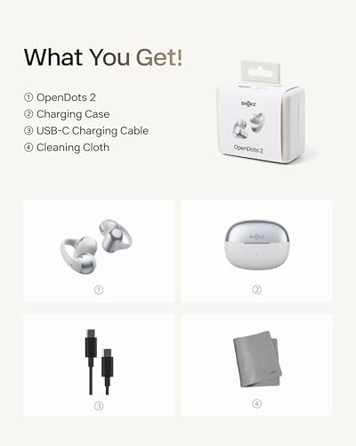 SHOKZ OpenDots 2 Open-Ear Clip-On Earbuds with Upgraded Dolby Audio, 3-Mic Clear Calls, Rich Bass, Up to 40 Hrs of Audio, Wireless Charging, Interchangeable Left/Right Earbuds, IP57, Bluetooth 6.1 - color: Grey