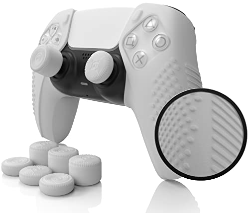 SensePro PS5 Controller Skin Grip, Anti-Slip Studded, PS White | Dock Compatible, Soft Gel Silicone Cover for Playstation 5 Dualsense, Rubber Protector, Raised Thumb Grip Caps - color: PS5 White