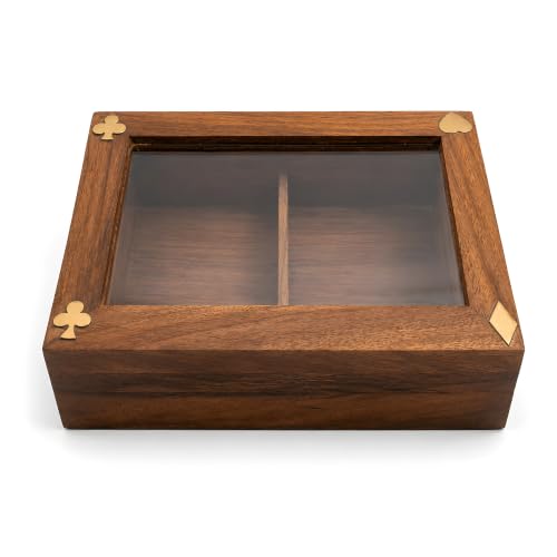 Handmade Wooden Playing Card Storage Box for 2 Decks, Sheesham Wood Card Holder Case with Clear Top Display and Brass Latch (Cards Not Included)