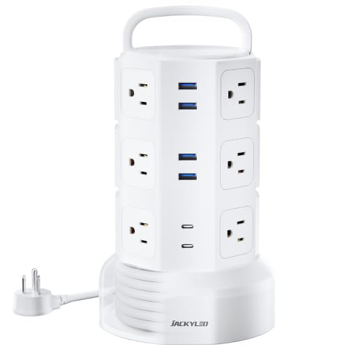 Power Strip Tower Surge Protector, JACKYLED 12 Outlets 6 USB (2 USB C) Charging Station, Extension Cord with Multiple Outlets, 1050J 1625W/13A Outlet Extender 6.5ft Extension Cord for Home Office - color: White, size: Medium-6.5ft