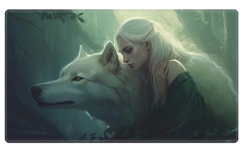 Playmat 24" x 14" Game Mats Tabletop Magic for MTG/TCG Cards, Trading Card Game Playing Stitched Play Mats Commander Deck Gaming Desk Mat Card Gameplay Mats, Elven Maiden with Wolf - color: Elven Maiden With Wolf, size: 24"X14"